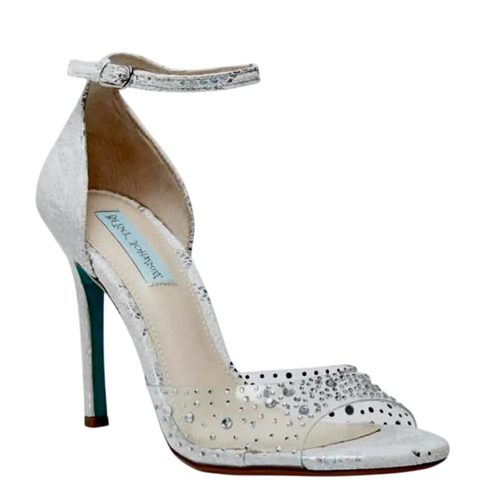 Betsey Johnson Silver Snake Rhinestone Jeweled Leather Heels Sandal Glam Sparkly